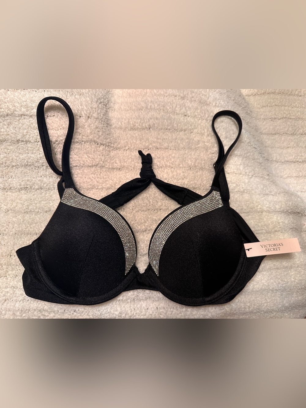 Victoria's Secret Black Push-Up Swim Top with Rhinestone Trim
